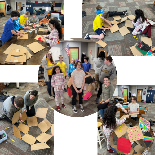 Newton’s Road partnered with LIFT Teen Center in Suttons Bay to provide a fun, hands-on, STEM-related experience for middle school students. Using the Makedo Kit, students assembled a giant windball. Each student painted a cardboard square and used the Makedo tools and 3D printed screws to build their creation! Many students were in awe as the windball started to take shape, layer by layer. The day was also filled with STEM riddles and creating piggy banks out of plastic jars and cardboard.